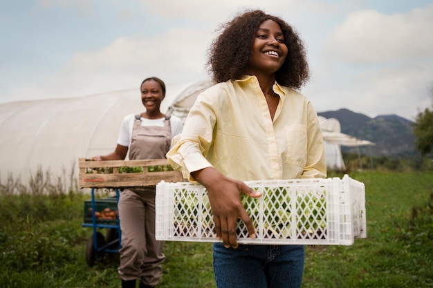 Women working together front view