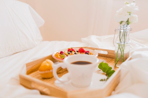 Wonderful arrangement of breakfast on bed