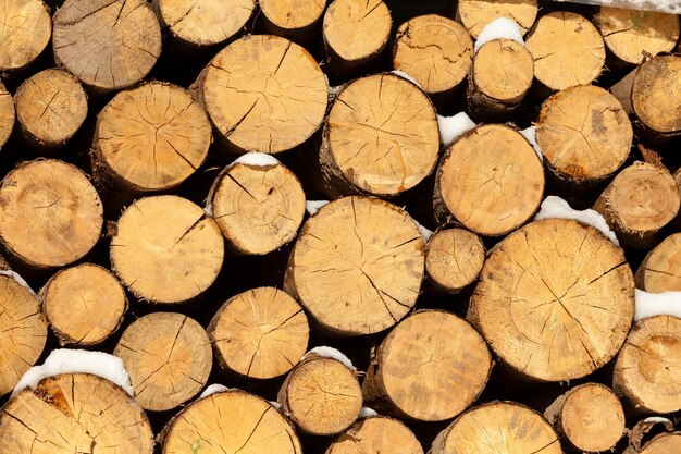 Wood covered with snow readdy for heating. Rustic and vintage