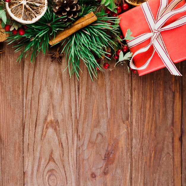 Wood desk with Christmas twig