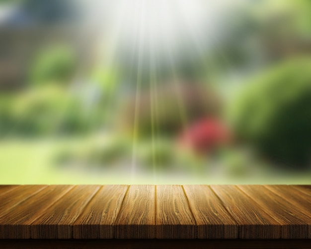3Dは、太陽光線でぼやけた庭に外を見て、木製のテーブルのレンダリング