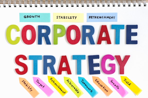 wood letters word corporate strategy on notebook
