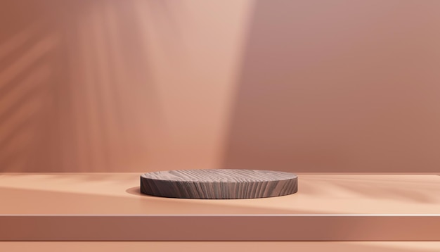 葉の背景を持つ木製の台座の表彰台3Dイラスト製品配置のための空の表示シーンのプレゼンテーション