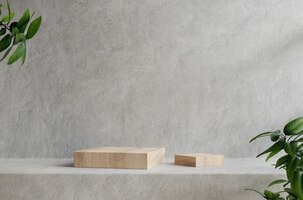Деревянный подиум на стол счетчик с бетонной гранж текстуры фона. 3d визуализация