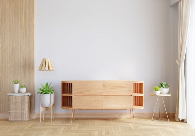 Wood sideboard in living room interior with copy space