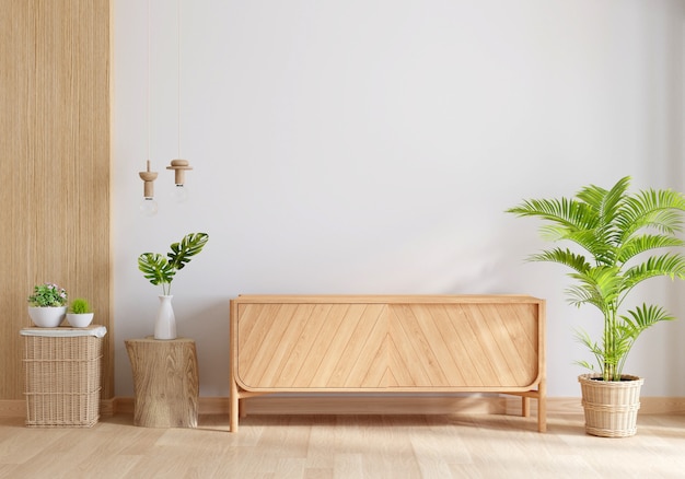 Wood sideboard in living room interior with copy space