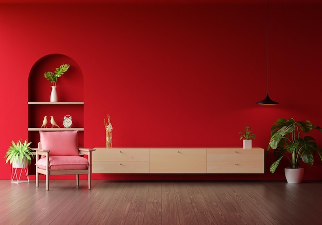 Wood sideboard in red living room with copy space