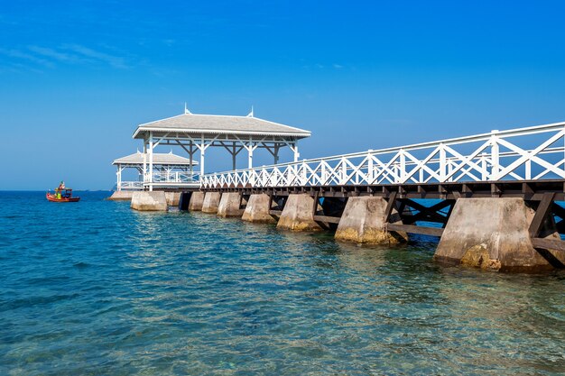 Wood waterfront pavilion in Koh si chang island, Thailand. AsDang Bridge.