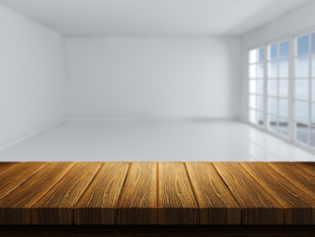 バックグラウンドでのデフォーカス空室のある木製のテーブルのレンダリング3D