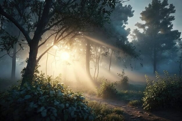 Wooded morning forest trees backlit by golden sunlight with sun rays pouring through foggy trees Sunrise or sunset spring forest landscape environment