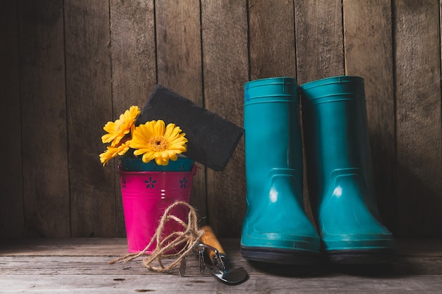 Wooden background with boots and gardening items