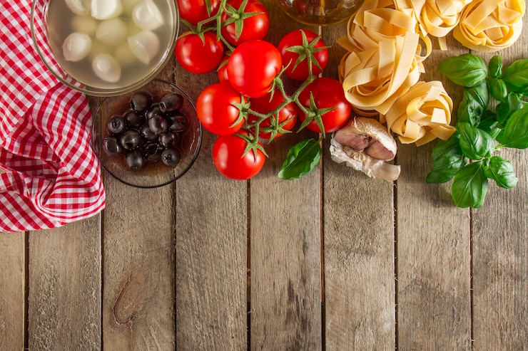 Free Photo wooden background with fantastic fresh products