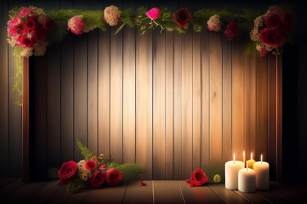 Free photo a wooden background with flowers and candles