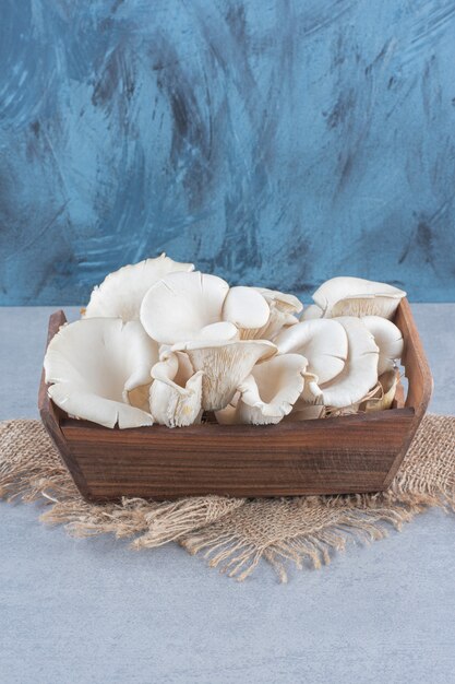 Wooden basket full of oyster mushroom on sack. 