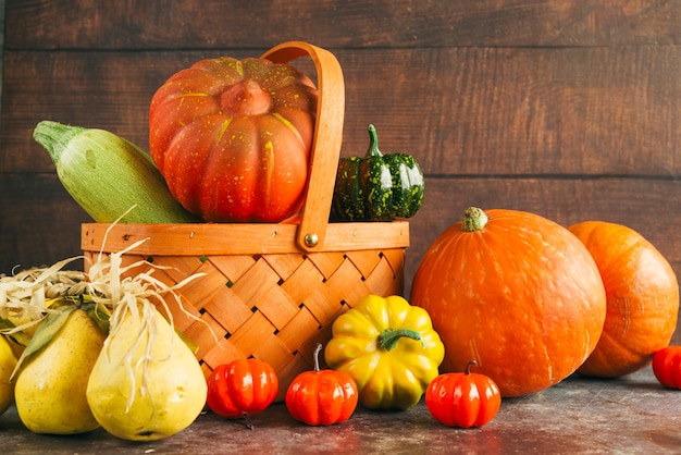 Wooden basket with seasonal harvest