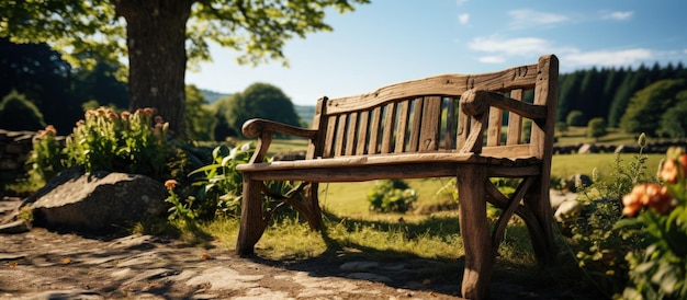 Free photo wooden bench in the park on a sunny day panorama