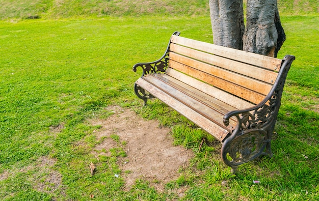 Wooden bench in the park .