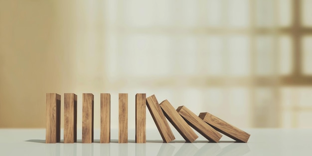 Free photo wooden blocks paused from falling risk management concept