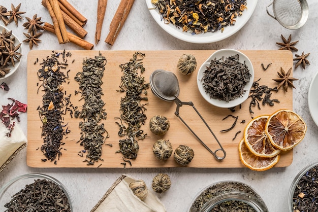 Wooden board and bowl with herbs