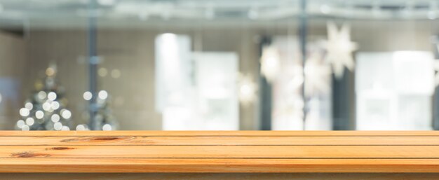 Wooden board empty table blurred background