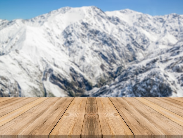 Wooden board empty table in front of blurred background