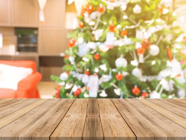 Wooden board empty table top on of blurred background