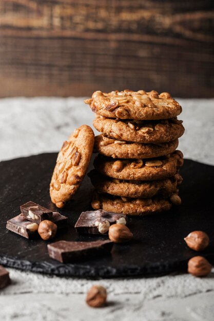 wooden board with chocolate cookies