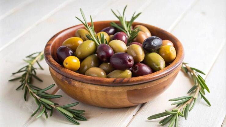 Free Photo a wooden bowl filled with green black and yellow olives with sprigs of rosemary on a white wooden surface