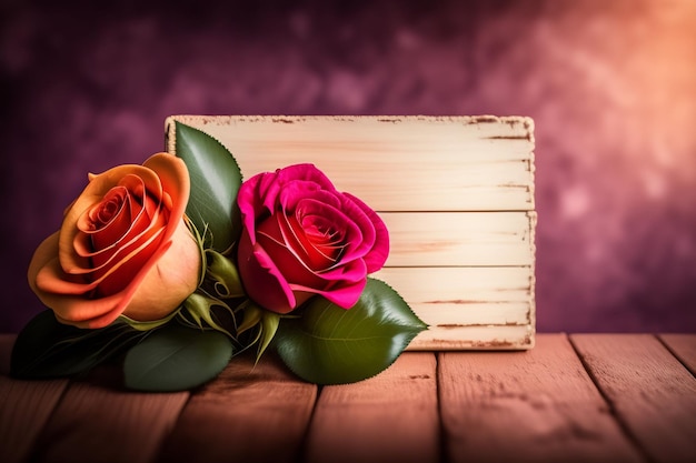 Foto gratuita una scatola di legno con rose sopra si trova su uno sfondo viola