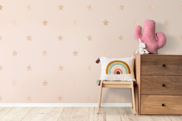 Wooden cabinet in minimal girl&amp;rsquo;s room