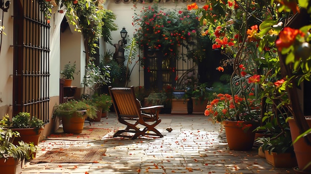 Free photo a wooden chair in a traditional spanish courtyard