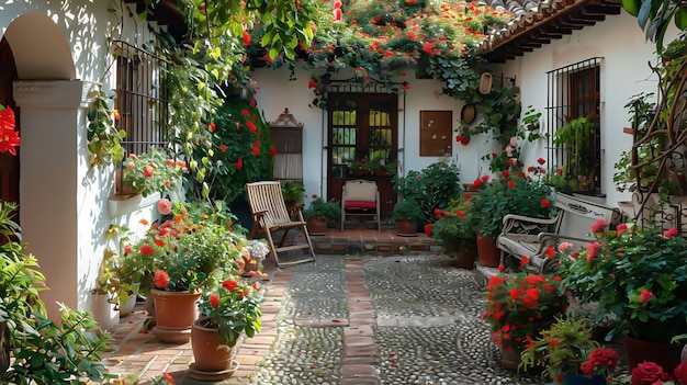 Foto gratuita una sedia di legno in un tradizionale cortile spagnolo