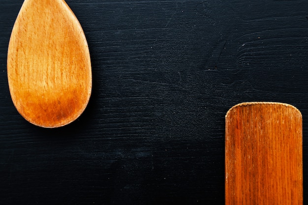 Wooden cooking equipment on kitchen counter