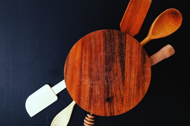 Wooden cooking equipment on kitchen counter