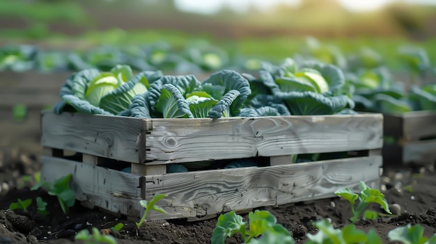Free photo a wooden crate with cabbage in it in a field