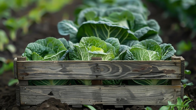 Free photo a wooden crate with cabbage in it in a field