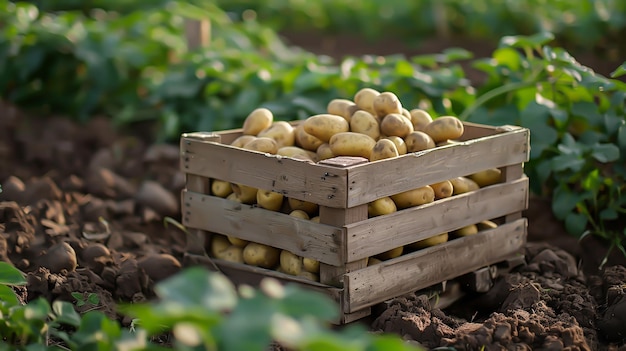 Free photo a wooden crate with potatoes in it in a field