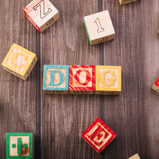 Free photo wooden cubes with dog inscription