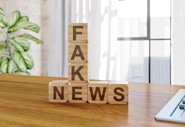 Wooden cubes with fake news on the table