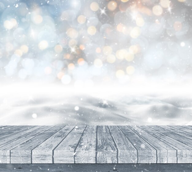 Wooden deck looking out to a snowy landscape against a bokeh lights background