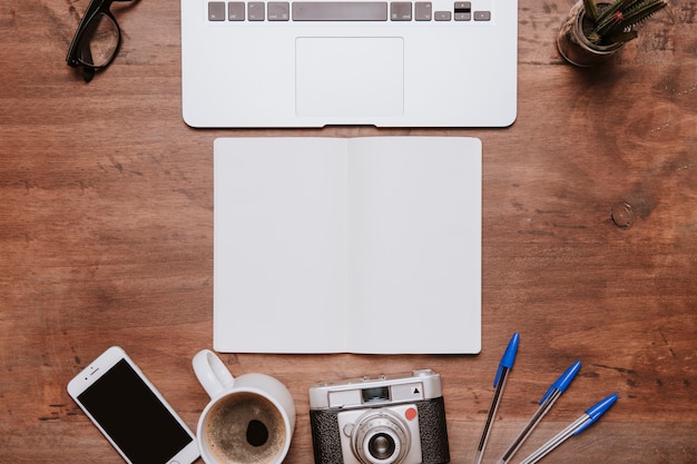 Wooden desk concept with booklet