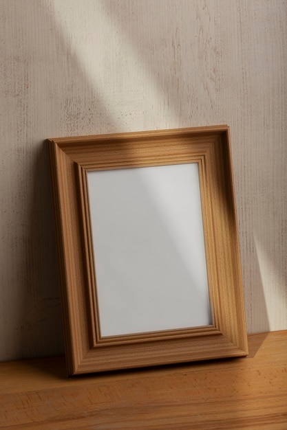 Wooden empty frame with stucco background high angle