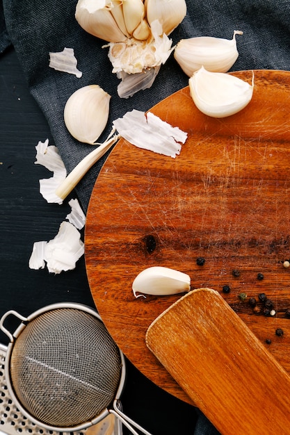 Wooden equipment on kitchen counter with spices