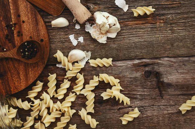 Wooden equipment on kitchen counter with spices