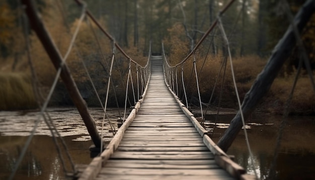 Passerella in legno sull'acqua tranquilla nella foresta autunnale generata dall'intelligenza artificiale