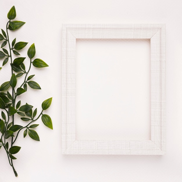 Wooden frame near the twigs on white backdrop