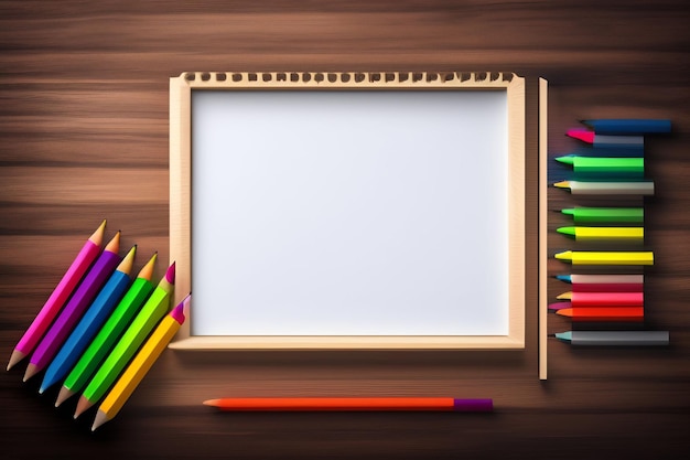 A wooden frame with colored pencils and a frame with a pencil on it