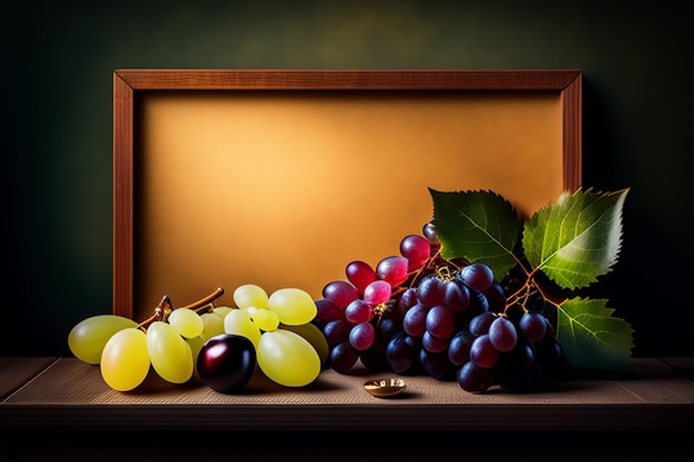 Foto gratuita una cornice di legno con uva e una cornice vuota
