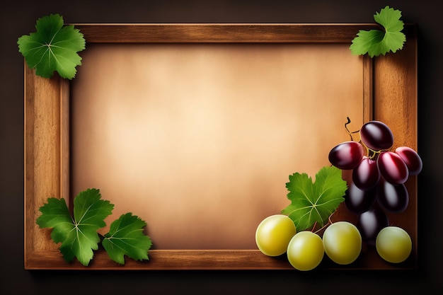 Foto gratuita una cornice di legno con sopra uva e foglie