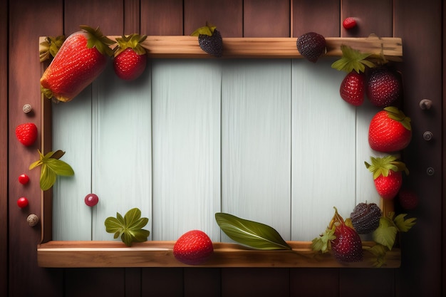 Foto gratuita una cornice di legno con sopra fragole e more